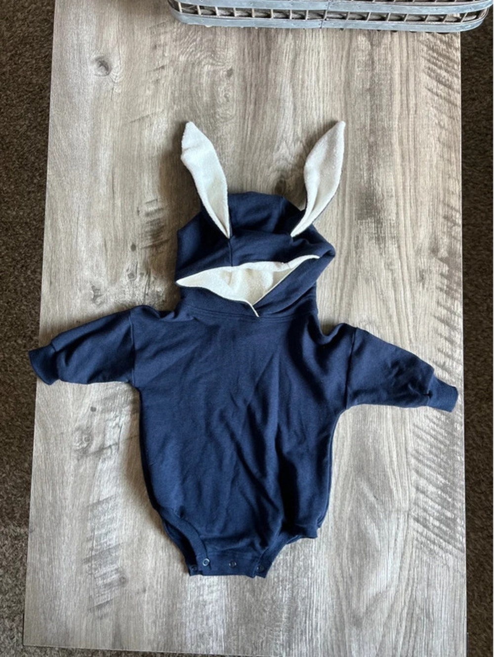 Violet and Hawthorn Bunny Ear Hooded Onesie.